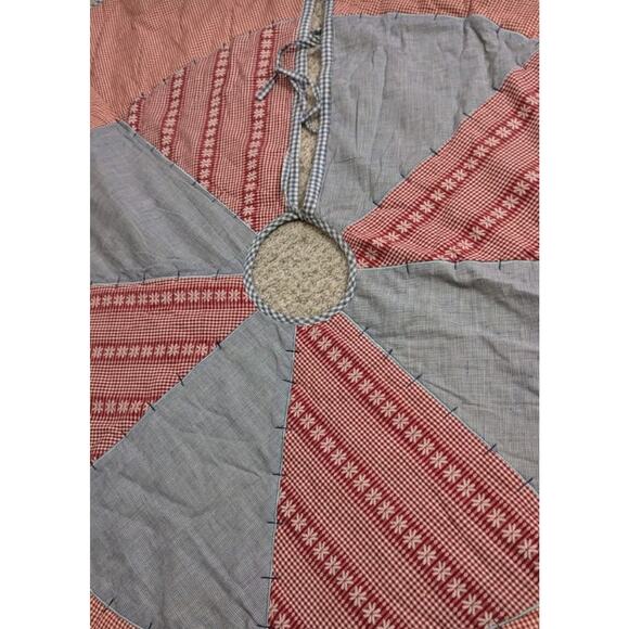 Vtg Quilted Patchwork Christmas Tree Skirt Red White Blue Gingham Country USA - Picture 9 of 11